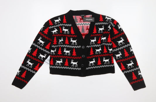 Boohoo Womens Black Christmas Reindeer Button Knit Cardigan Size S