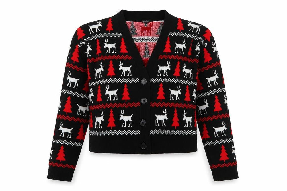 Boohoo Womens Black Christmas Reindeer Button Knit Cardigan Size S