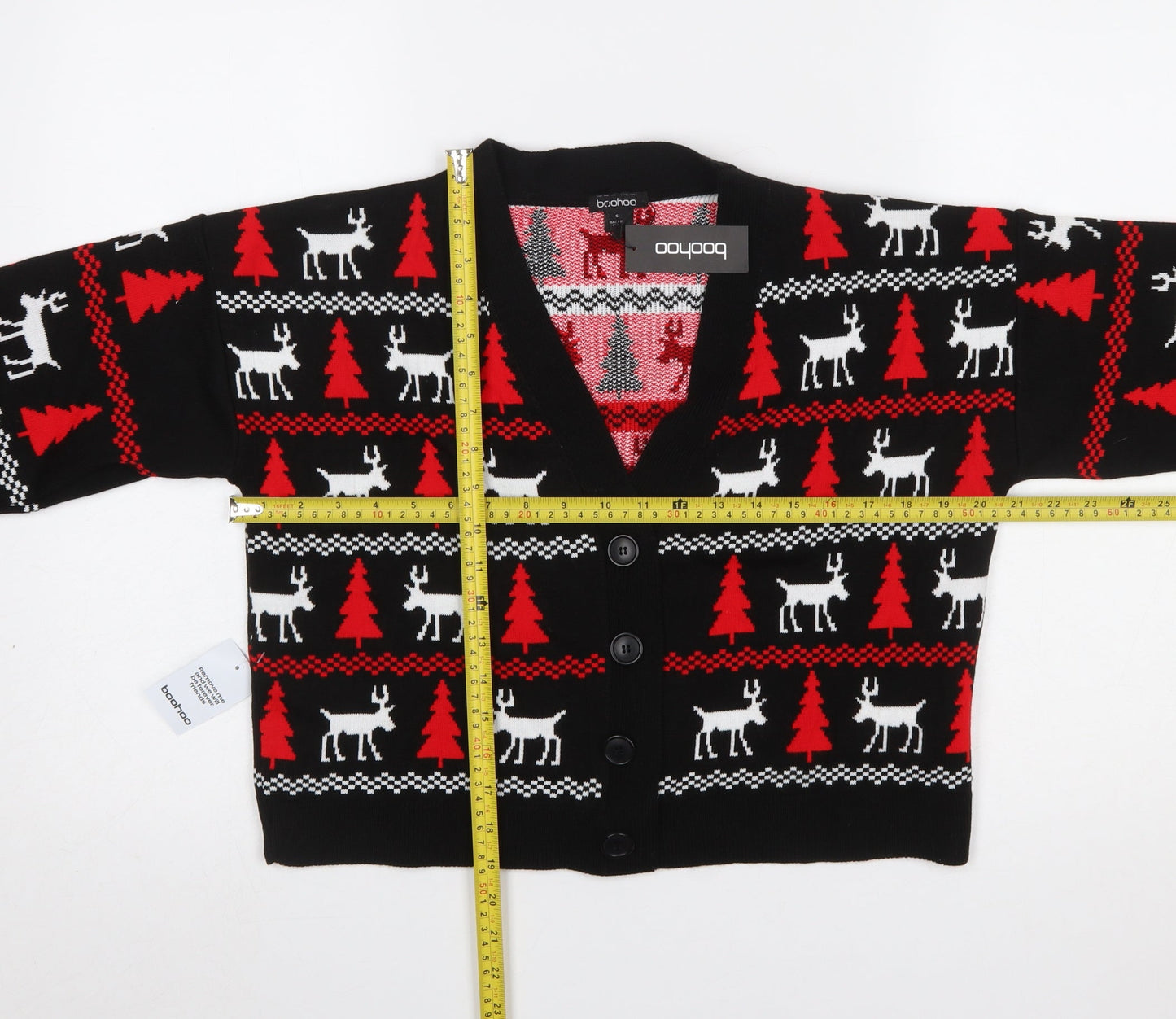 Boohoo Womens Black Christmas Reindeer Button Knit Cardigan Size S