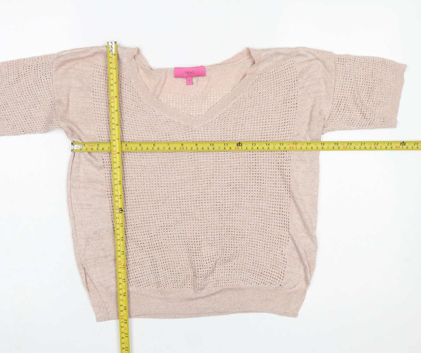 Next Women Beige Viscose Open-Knit Short Sleeve V-Neck Jumper Size 10