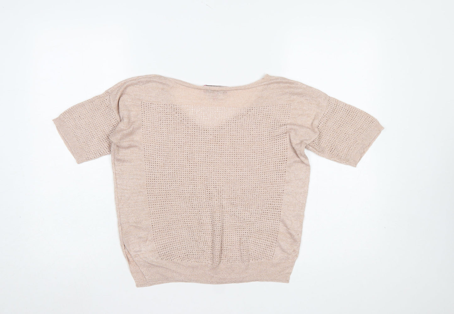 Next Women Beige Viscose Open-Knit Short Sleeve V-Neck Jumper Size 10