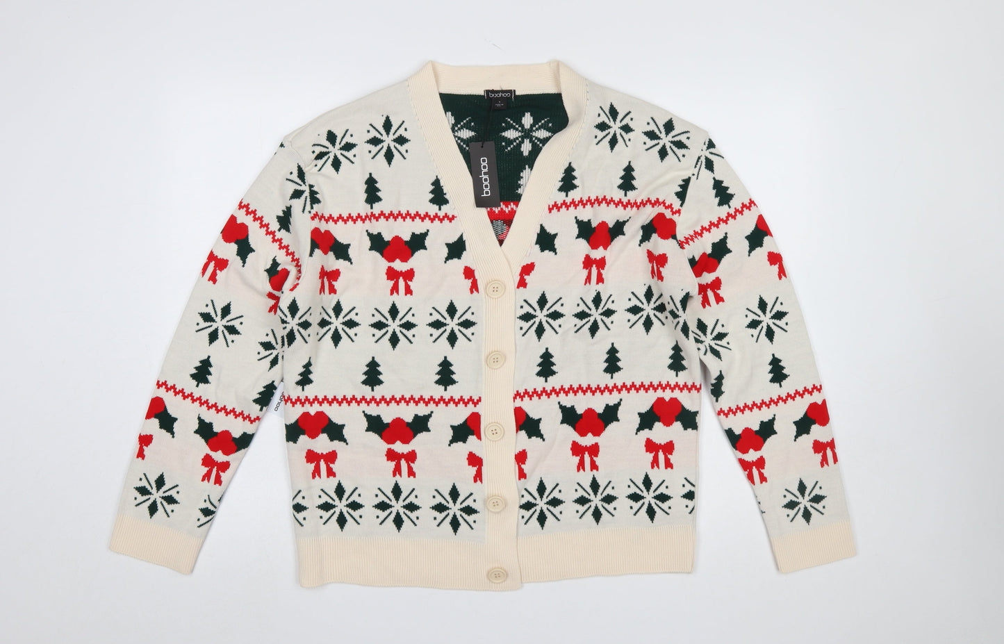 Boohoo Women Beige Christmas Fair Isle Cardigan Size S