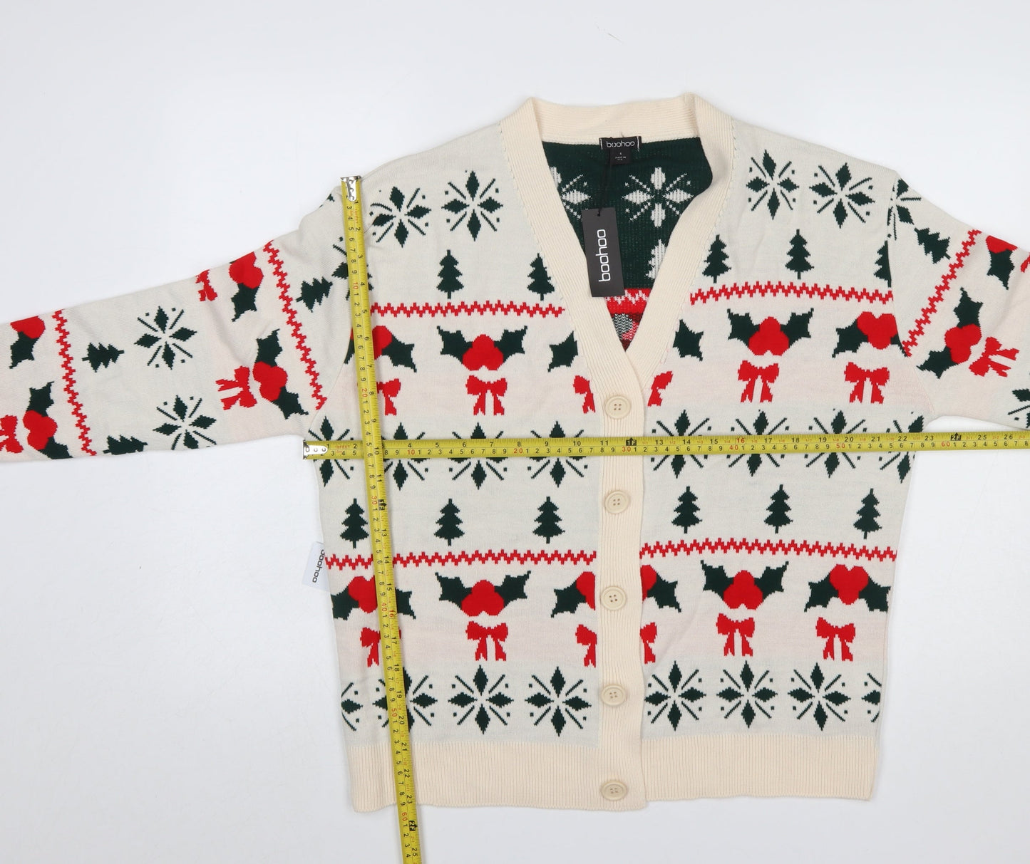 Boohoo Women Beige Christmas Fair Isle Cardigan Size S
