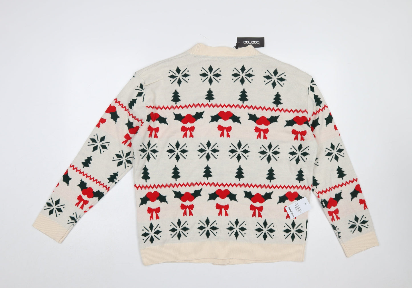 Boohoo Women Beige Christmas Fair Isle Cardigan Size S