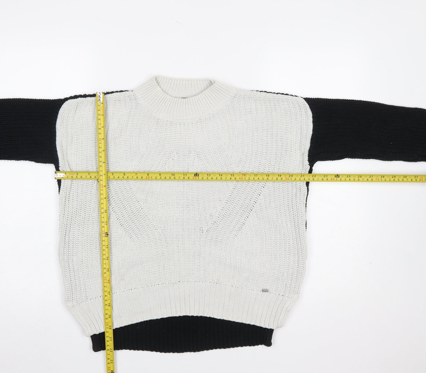 Superdry Women's Black White Cotton Knit Jumper XS Crew Neck
