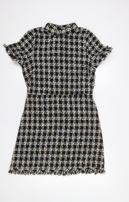 Primark Women Black Tweed Check Short Sleeve Shift Dress UK 14