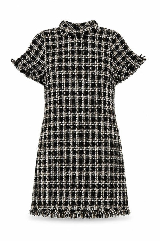 Primark Women Black Tweed Check Short Sleeve Shift Dress UK 14