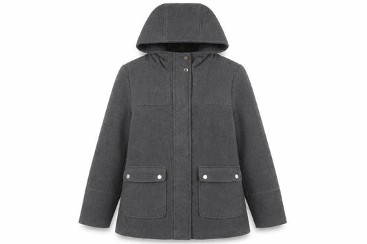 Front view of Atmosphere Women Grey Hooded Wool Blend Parka Coat, size 12