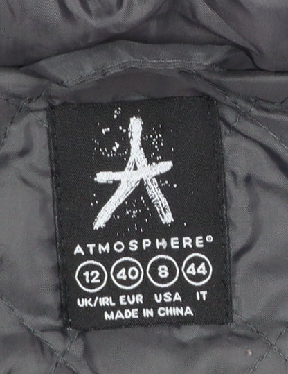 Brand and care label for Atmosphere Women Grey Hooded Wool Blend Parka Coat, size 12