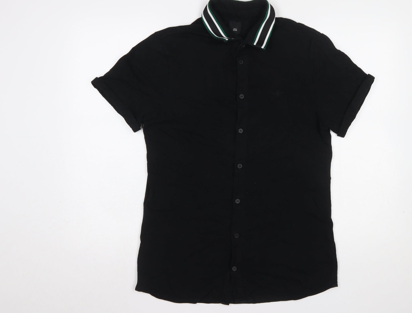 River Island Men's Black Slim Fit Short Sleeve Button-Up Shirt L