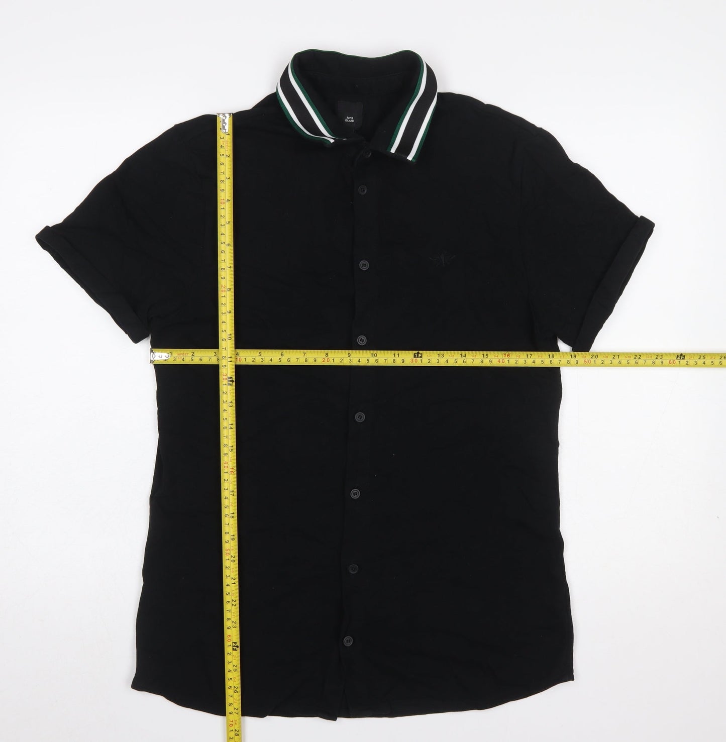 River Island Men's Black Slim Fit Short Sleeve Button-Up Shirt L