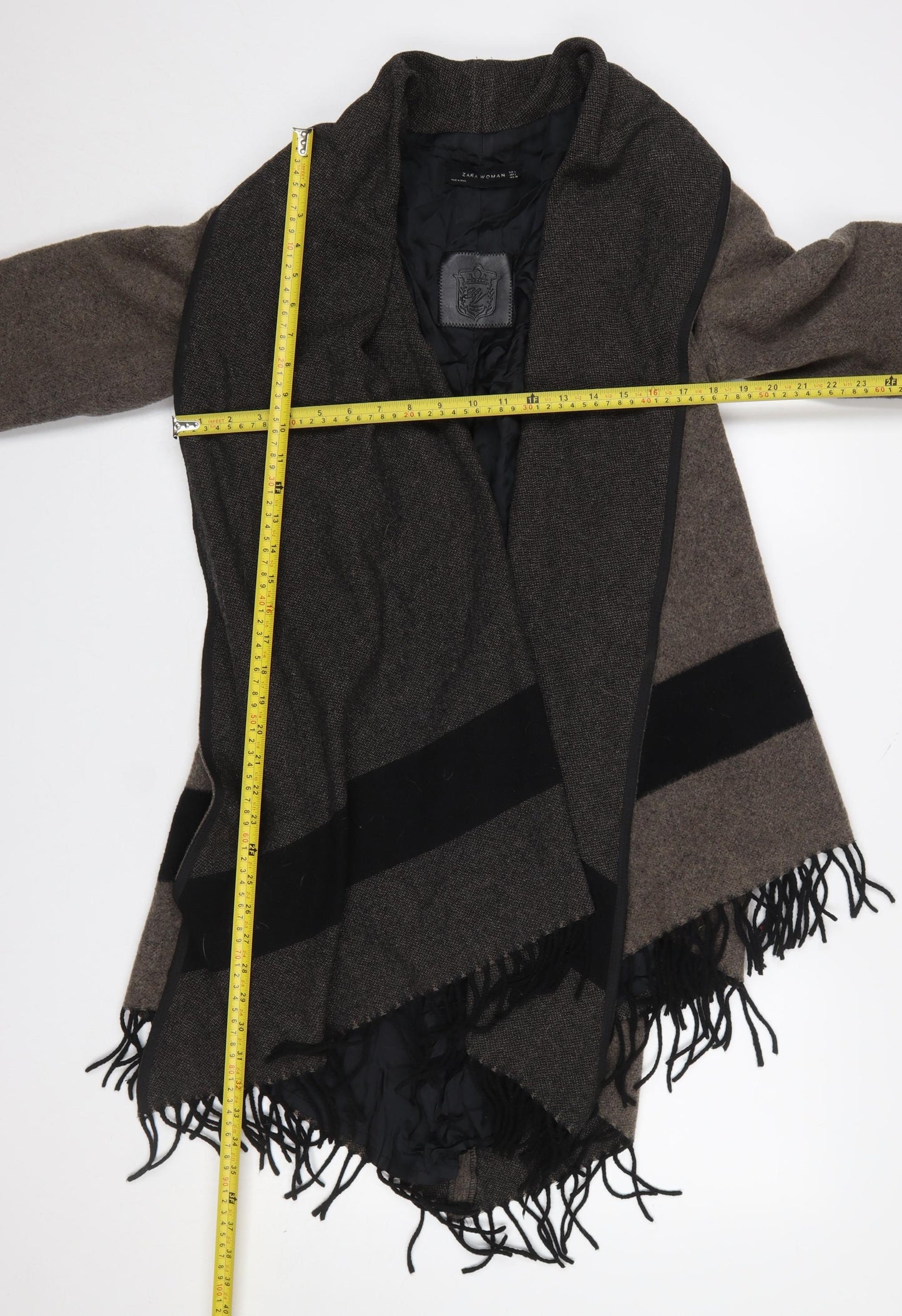 Zara Woman Brown Wool Blend Wrap Fringe Cardigan Size L
