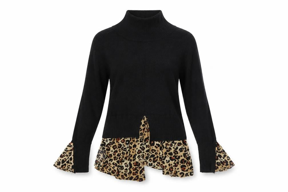 QED London Women's Black Leopard Ruffle Roll Neck Jumper Size S