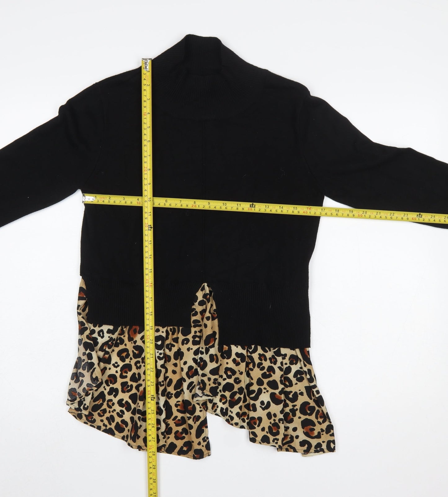 QED London Women's Black Leopard Ruffle Roll Neck Jumper Size S