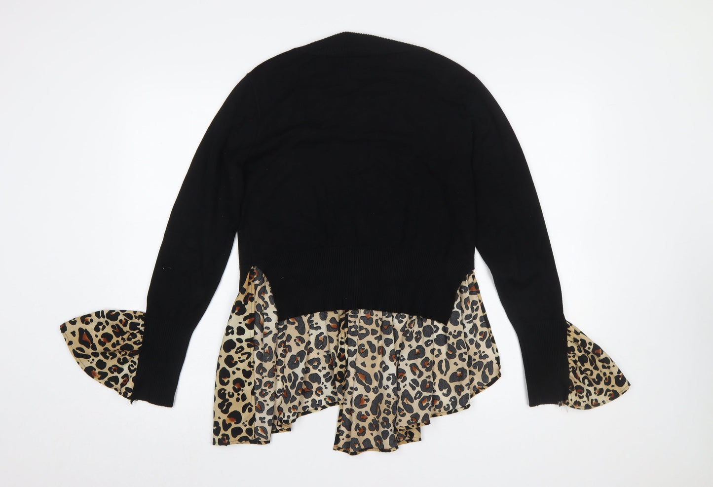 QED London Women's Black Leopard Ruffle Roll Neck Jumper Size S