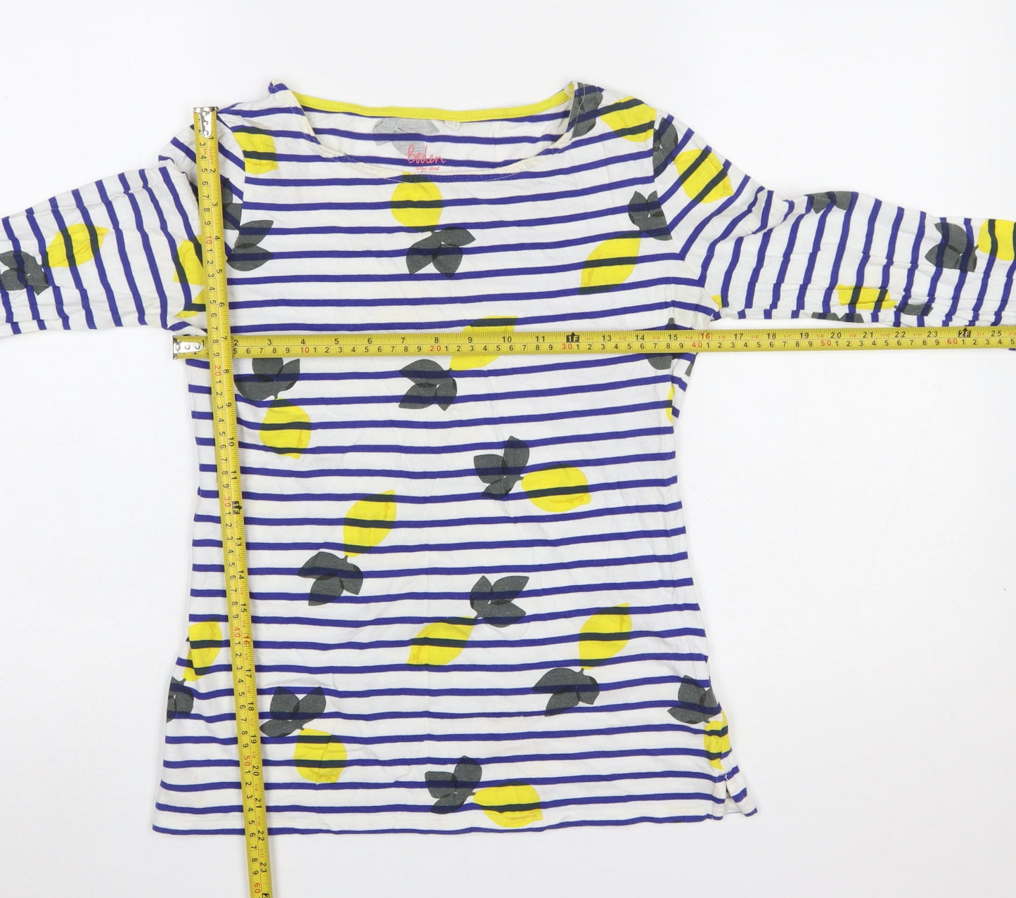 Boden Women’s Multicoloured Lemon Stripe Long Sleeve Cotton T-Shirt UK 8