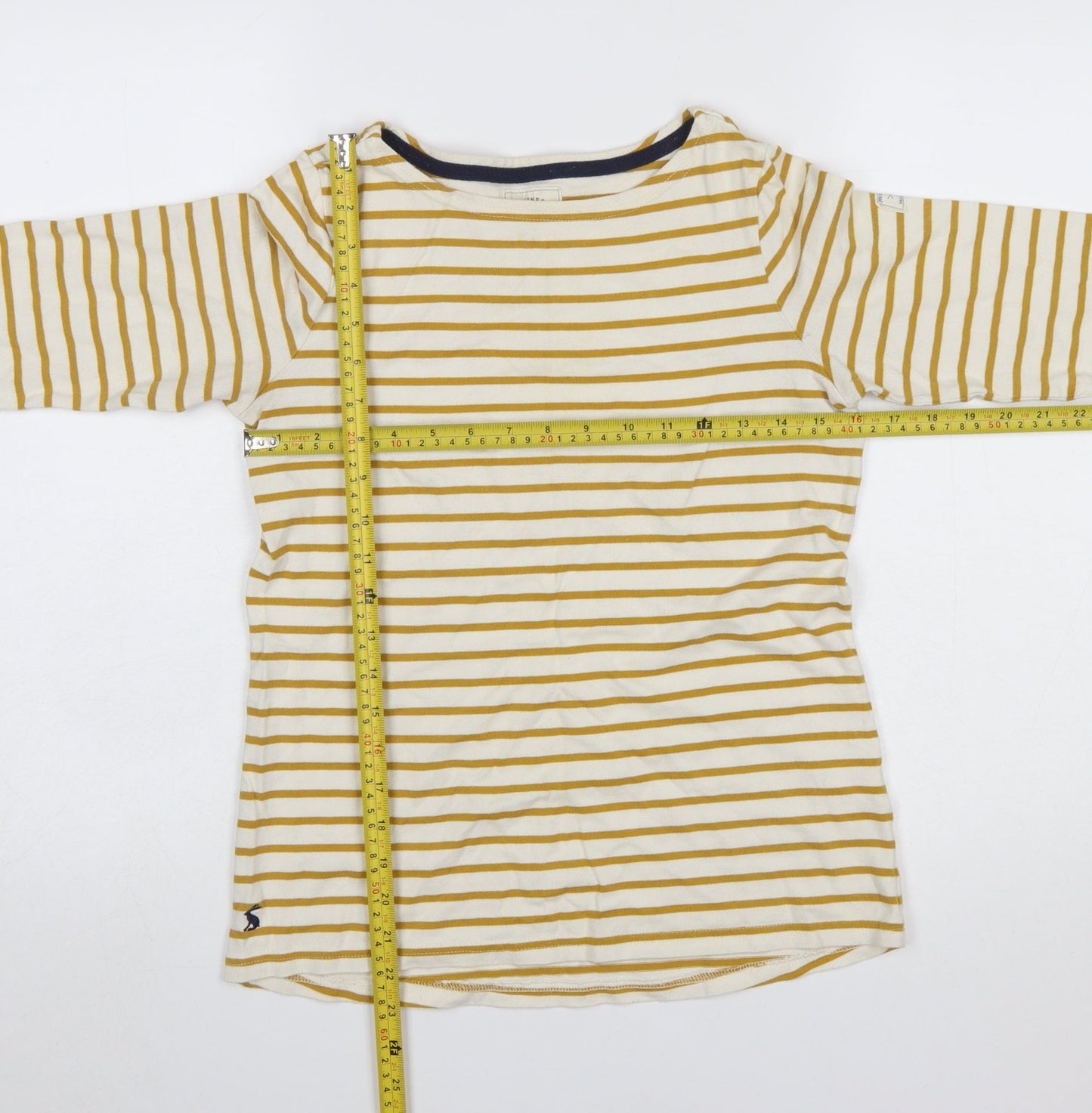 Joules Womens Yellow White Striped 3/4 Sleeve Cotton Boat Neck Top Size 8
