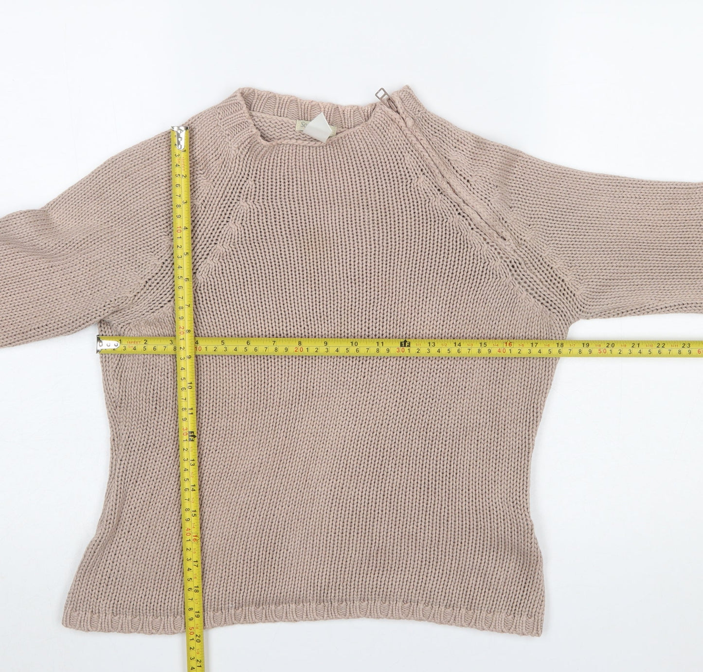 Soft Grey Women's Beige Cotton Chunky Knit Raglan Jumper Size 10/12
