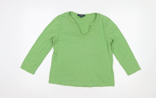 Maine New England Women's Green Long Sleeve V-Neck Beaded Cotton T-Shirt Size 12
