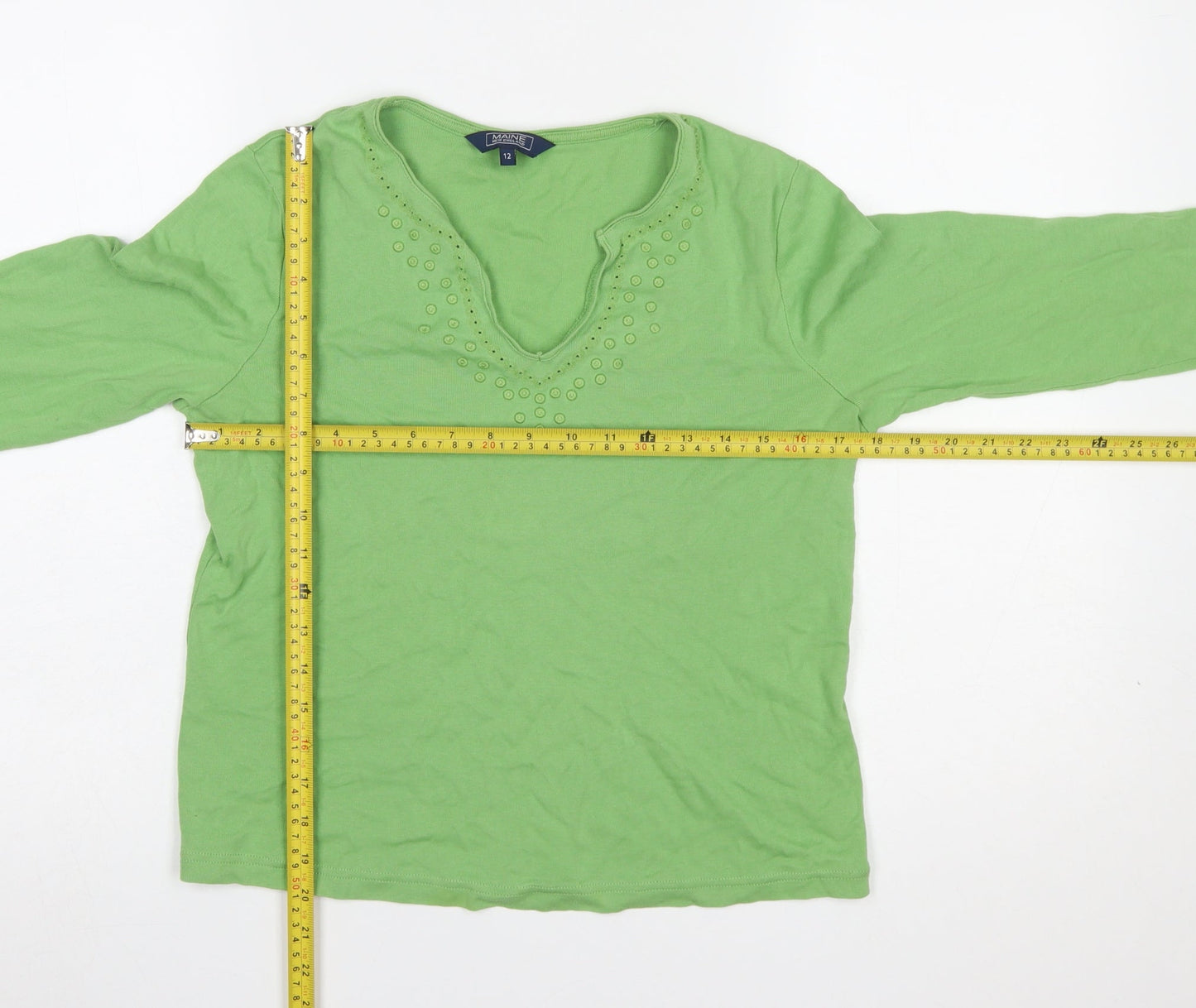 Maine New England Women's Green Long Sleeve V-Neck Beaded Cotton T-Shirt Size 12