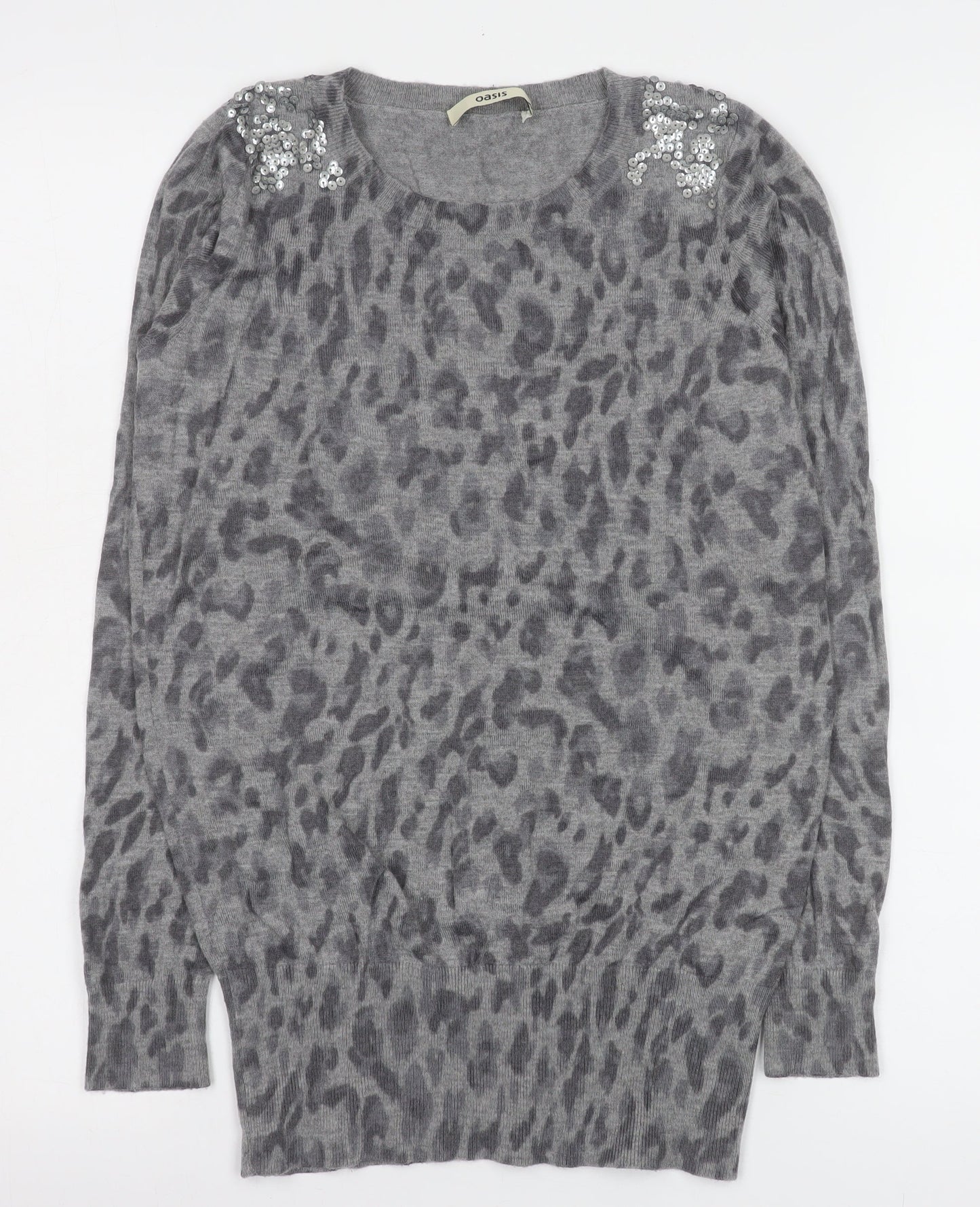 Oasis Women’s Grey Animal Print Sequin Shoulder Wool Blend Long Sleeve Top Size S