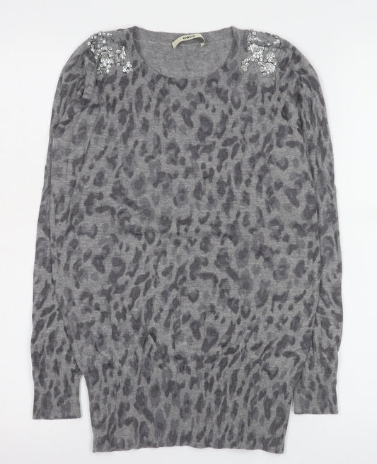 Oasis Women’s Grey Animal Print Sequin Shoulder Wool Blend Long Sleeve Top Size S