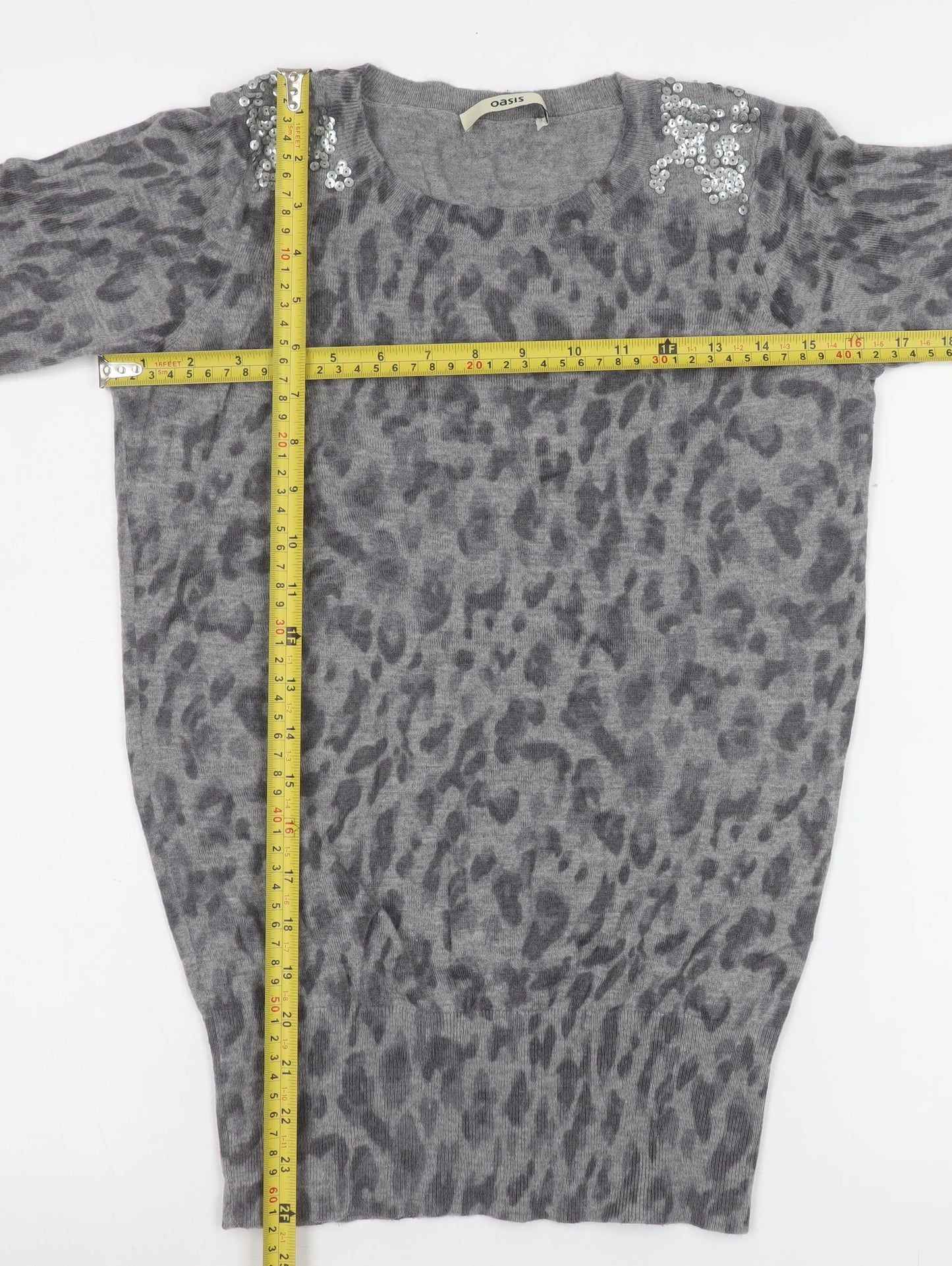 Oasis Women’s Grey Animal Print Sequin Shoulder Wool Blend Long Sleeve Top Size S
