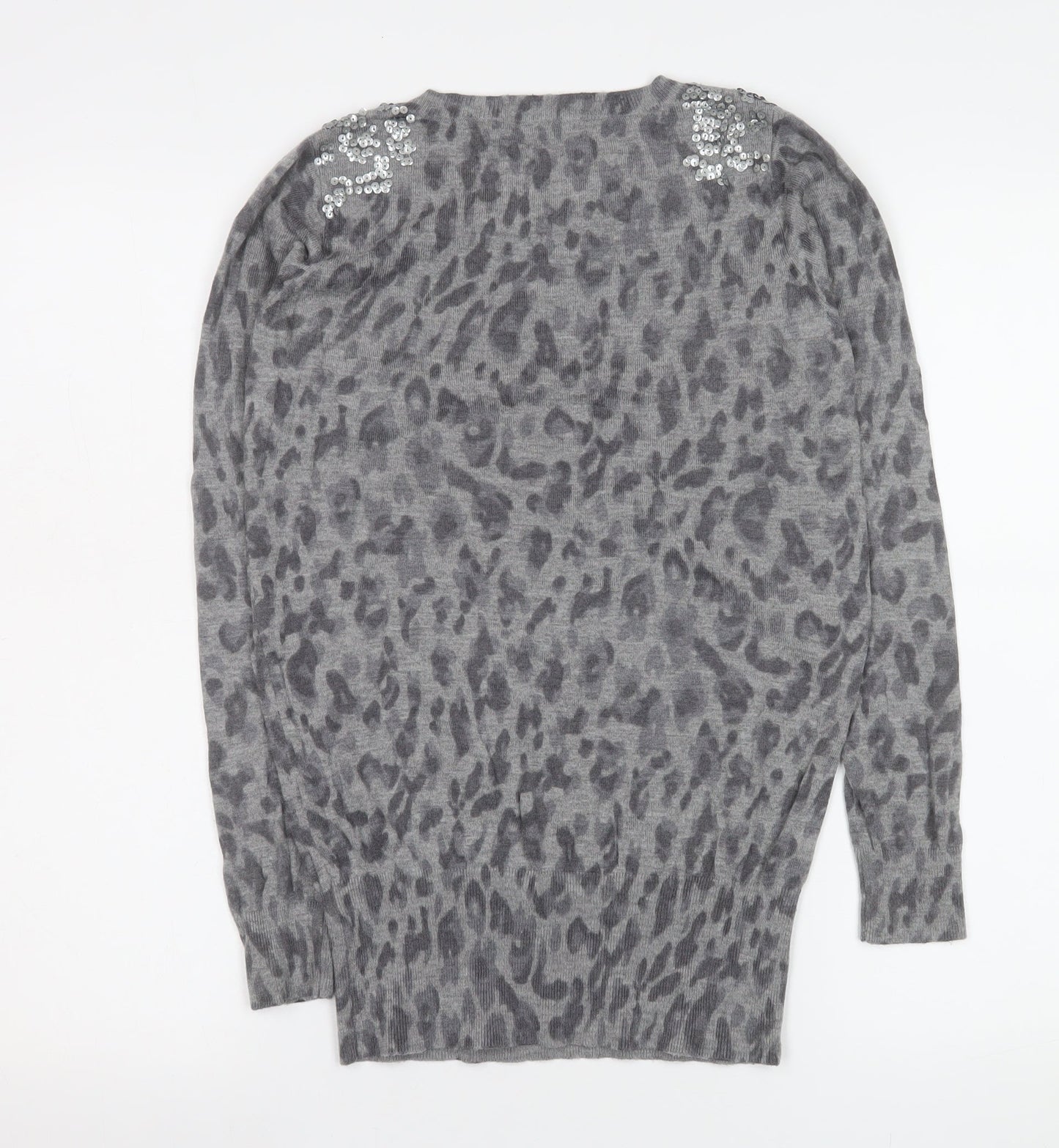 Oasis Women’s Grey Animal Print Sequin Shoulder Wool Blend Long Sleeve Top Size S