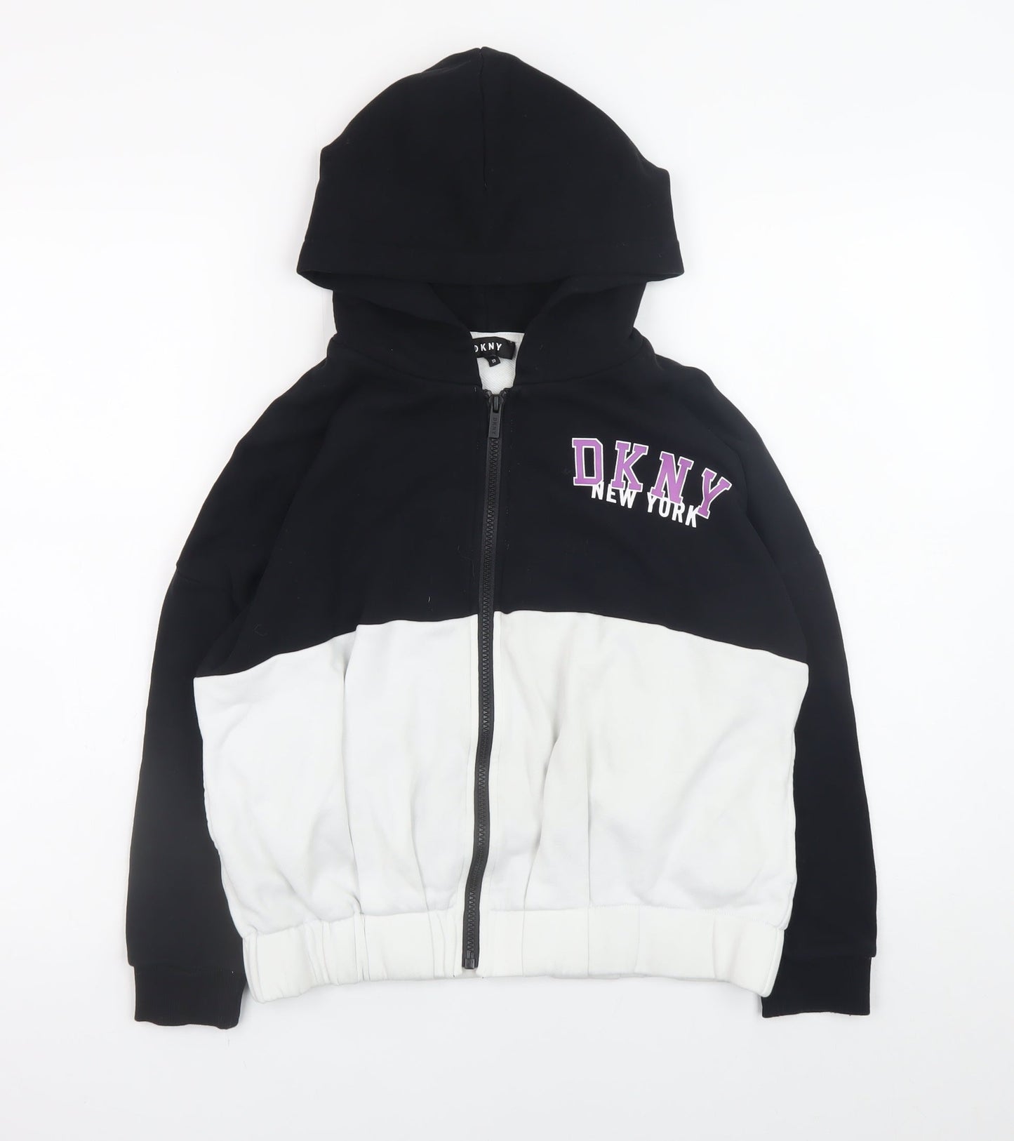 DKNY Women Black White Full Zip Hoodie Size 10 Graphic Print