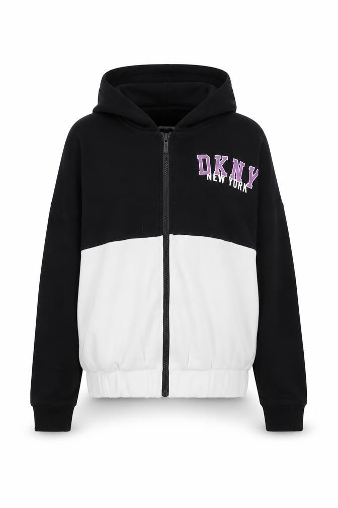 DKNY Women Black White Full Zip Hoodie Size 10 Graphic Print