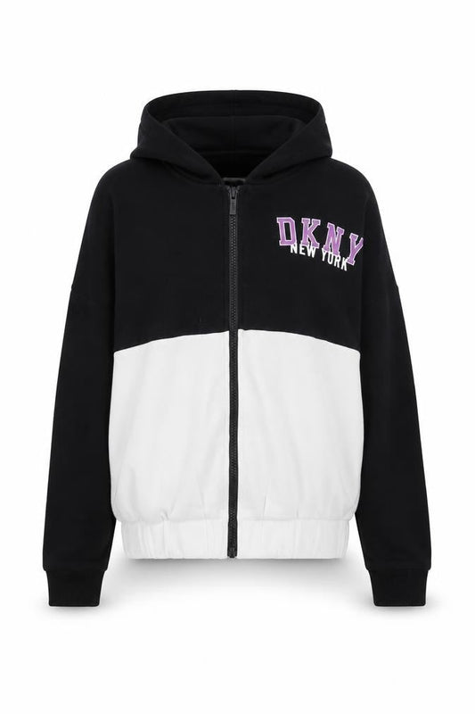 DKNY Women Black White Full Zip Hoodie Size 10 Graphic Print