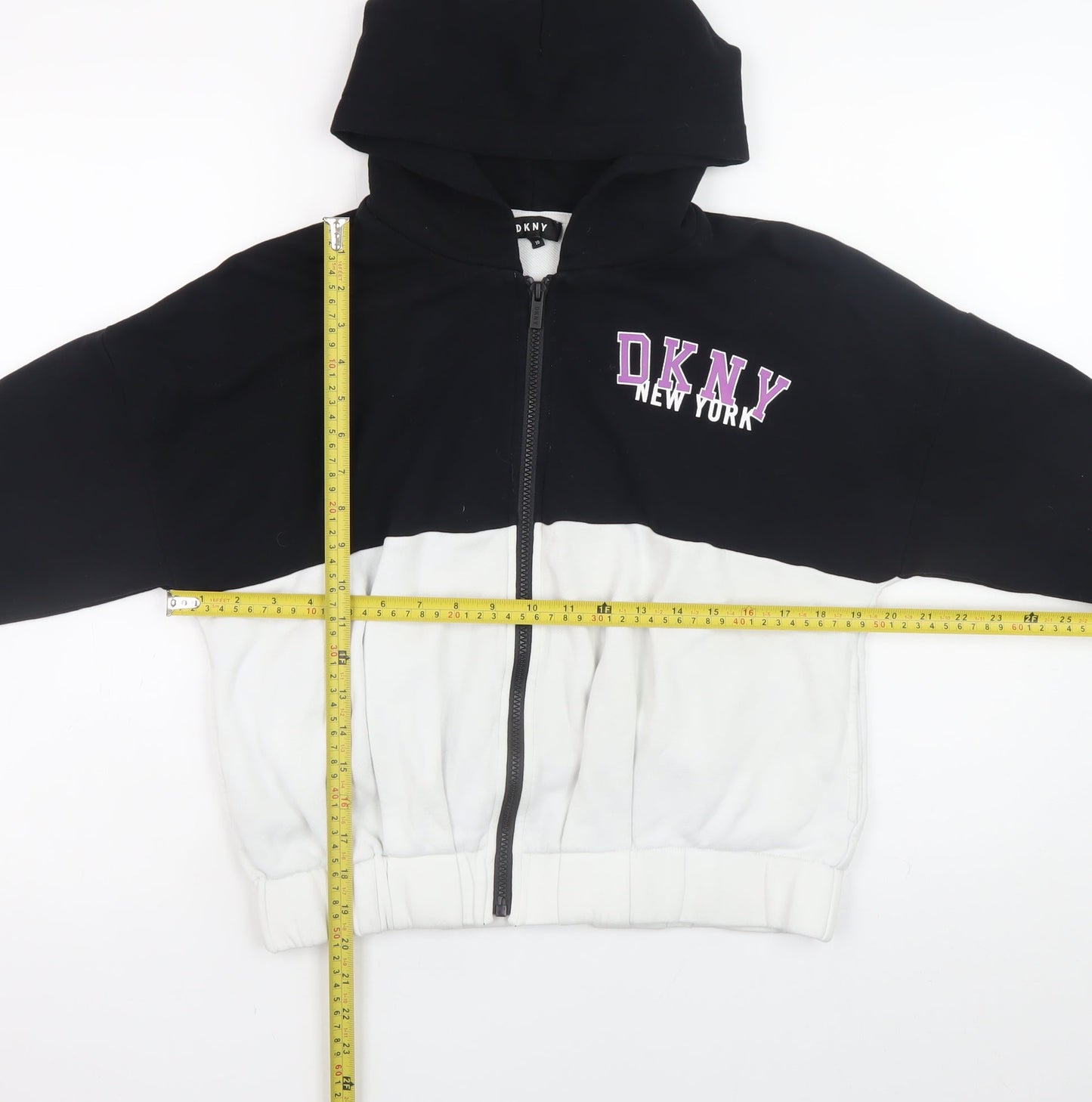 DKNY Women Black White Full Zip Hoodie Size 10 Graphic Print