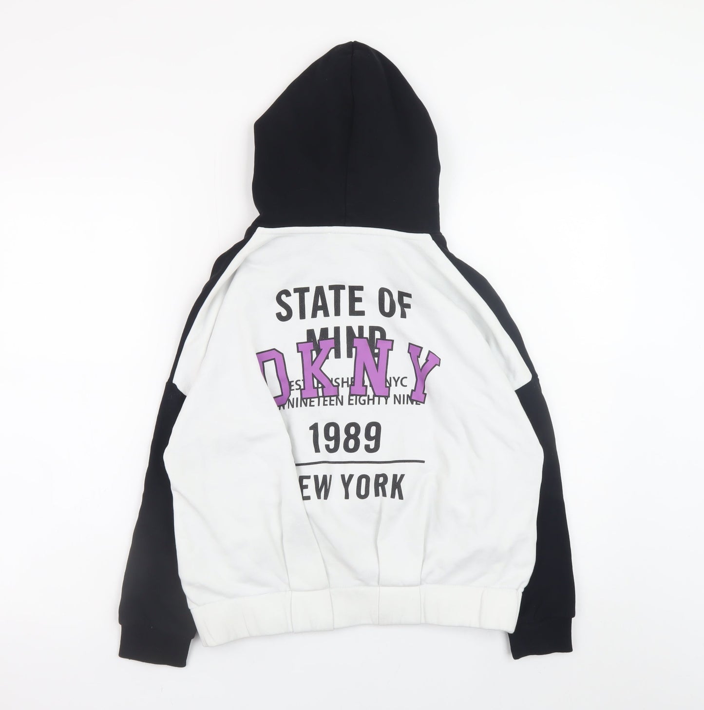 DKNY Women Black White Full Zip Hoodie Size 10 Graphic Print