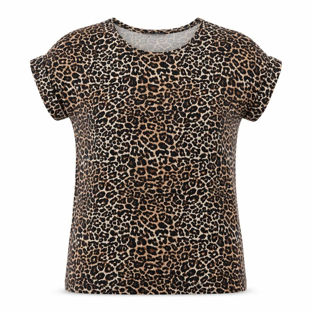 Only Womens Brown Leopard Print Short Sleeve Basic T-Shirt Size S