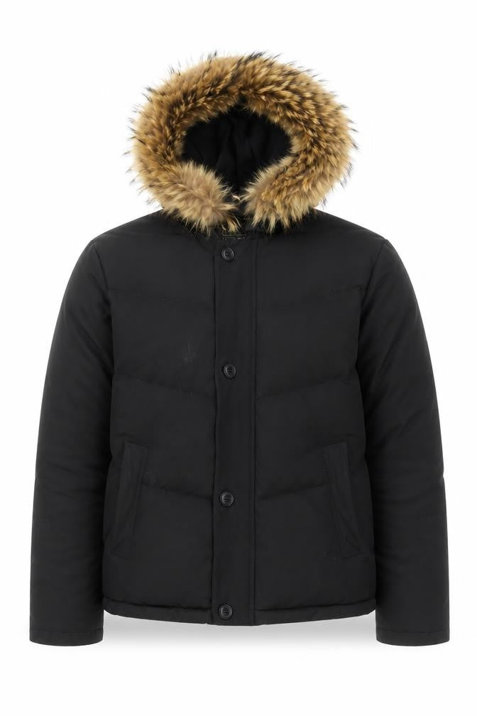 Woolrich Men's Black Down Puffer Jacket with Fur Hood Size 14