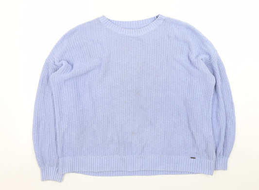 Hollister Women's Blue Chunky-Knit Crew Neck Cotton Jumper Size M