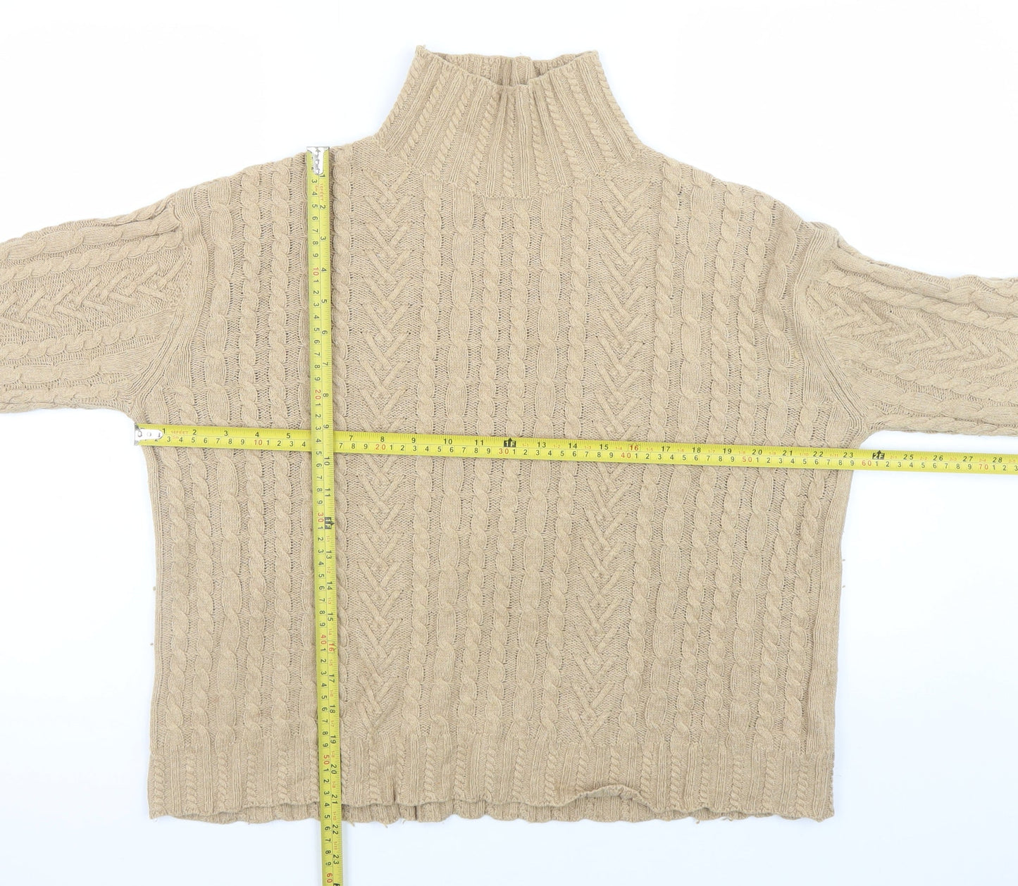 Marks and Spencer Womens Beige Cable Knit Roll Neck Jumper Size M