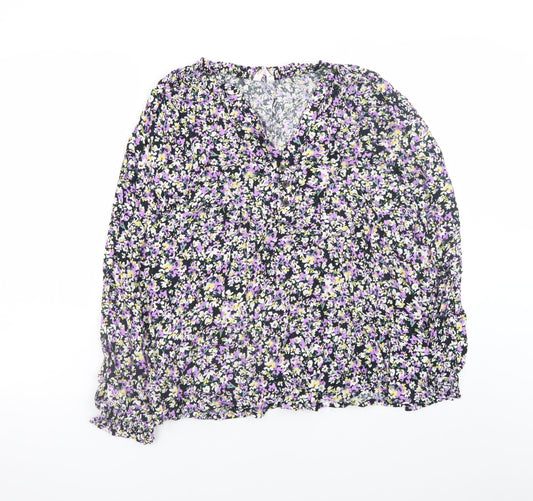 John Lewis ANYDAY Women's Black Floral V-Neck Long Sleeve Blouse Size 16