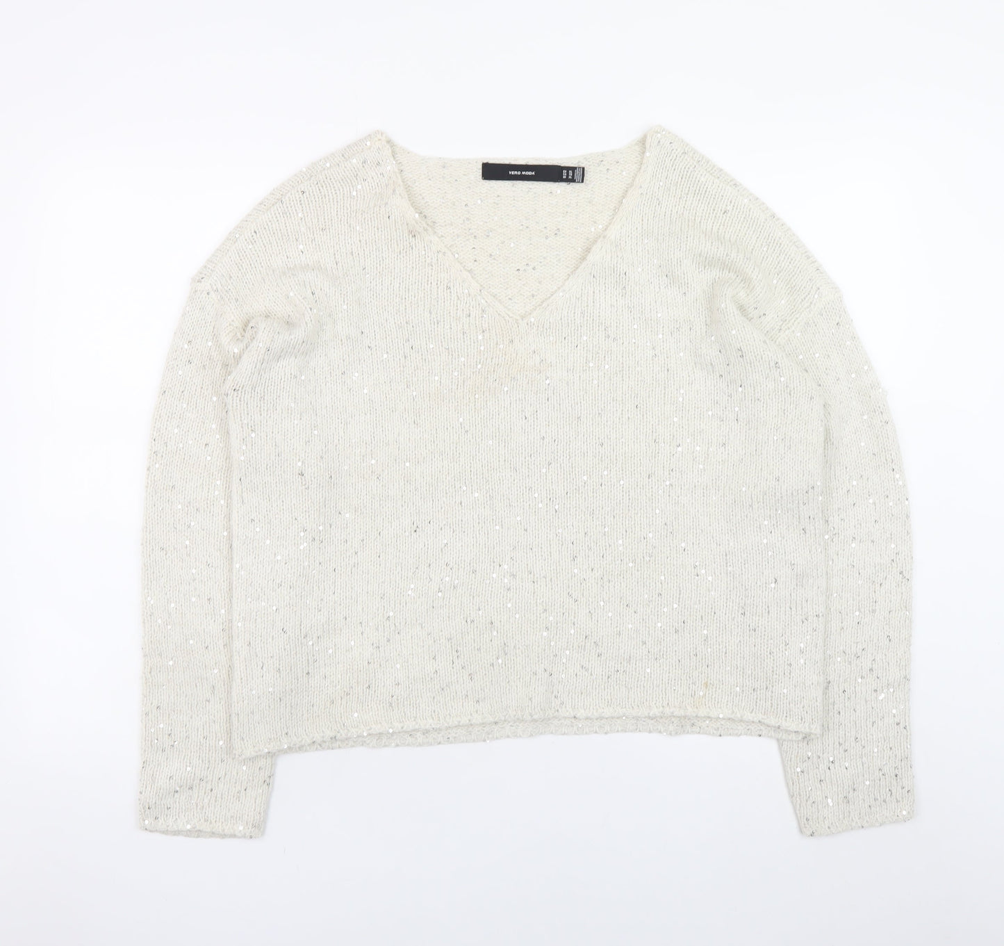 Vero Moda Women’s Ivory Sequin Knit V-Neck Jumper XL