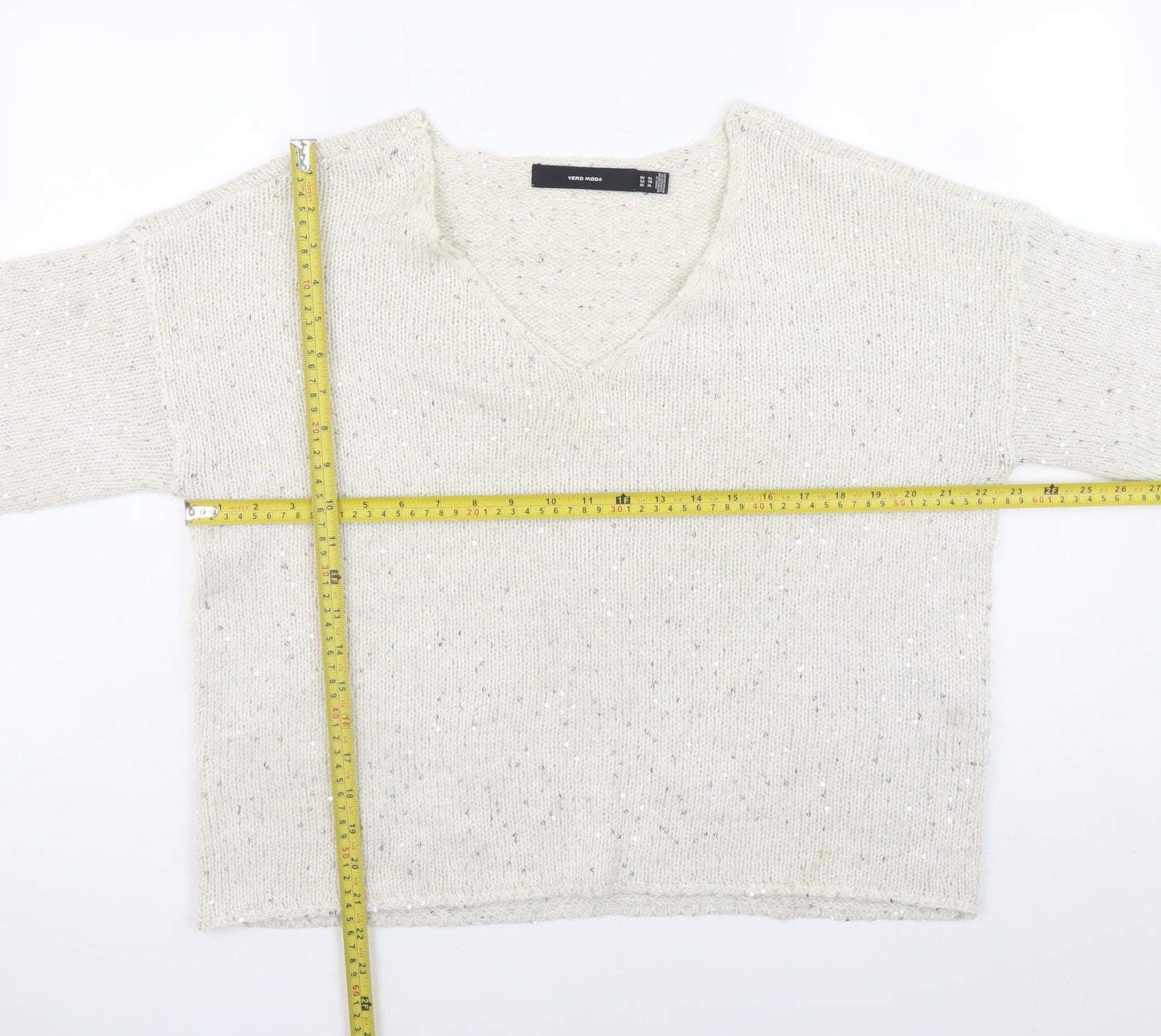 Vero Moda Women’s Ivory Sequin Knit V-Neck Jumper XL