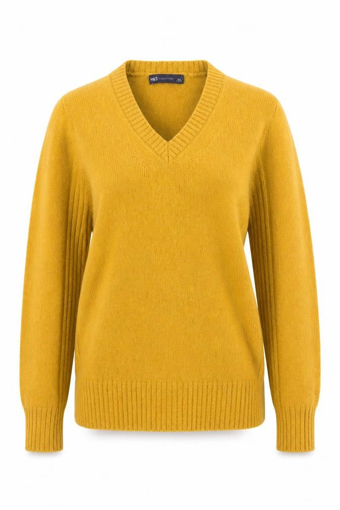 Marks & Spencer Women's Yellow Lambswool V-Neck Jumper Size 8