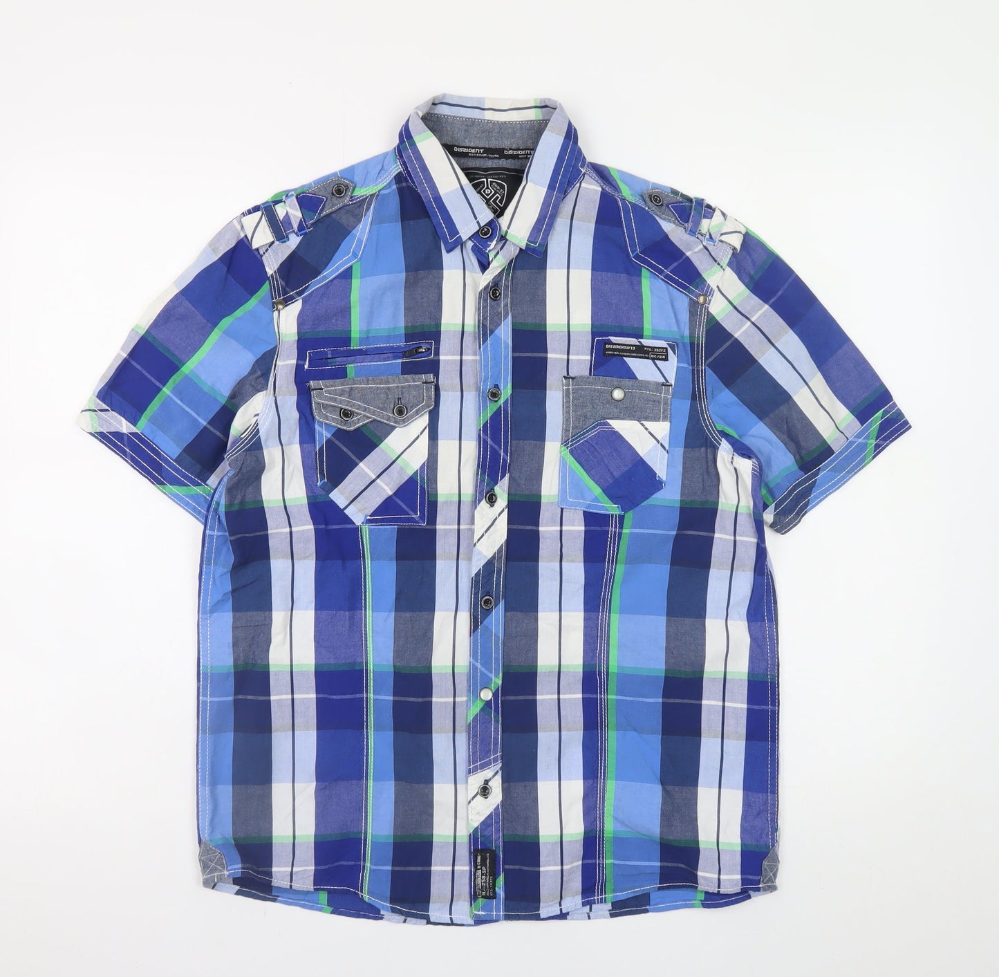 Dissident Men's Blue Checked Short Sleeve Cotton Casual Shirt Size M