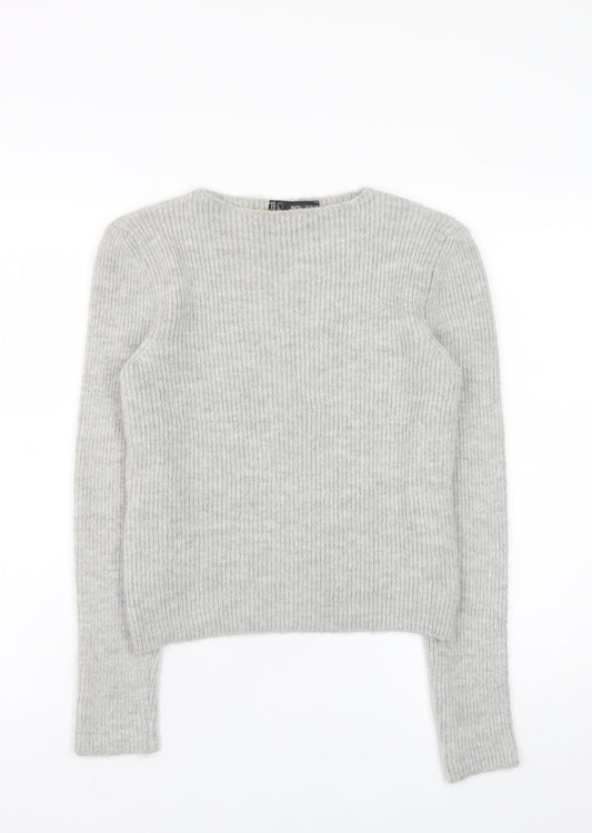 MNG Womens Grey Ribbed Knit Crew Neck Pullover Jumper XS
