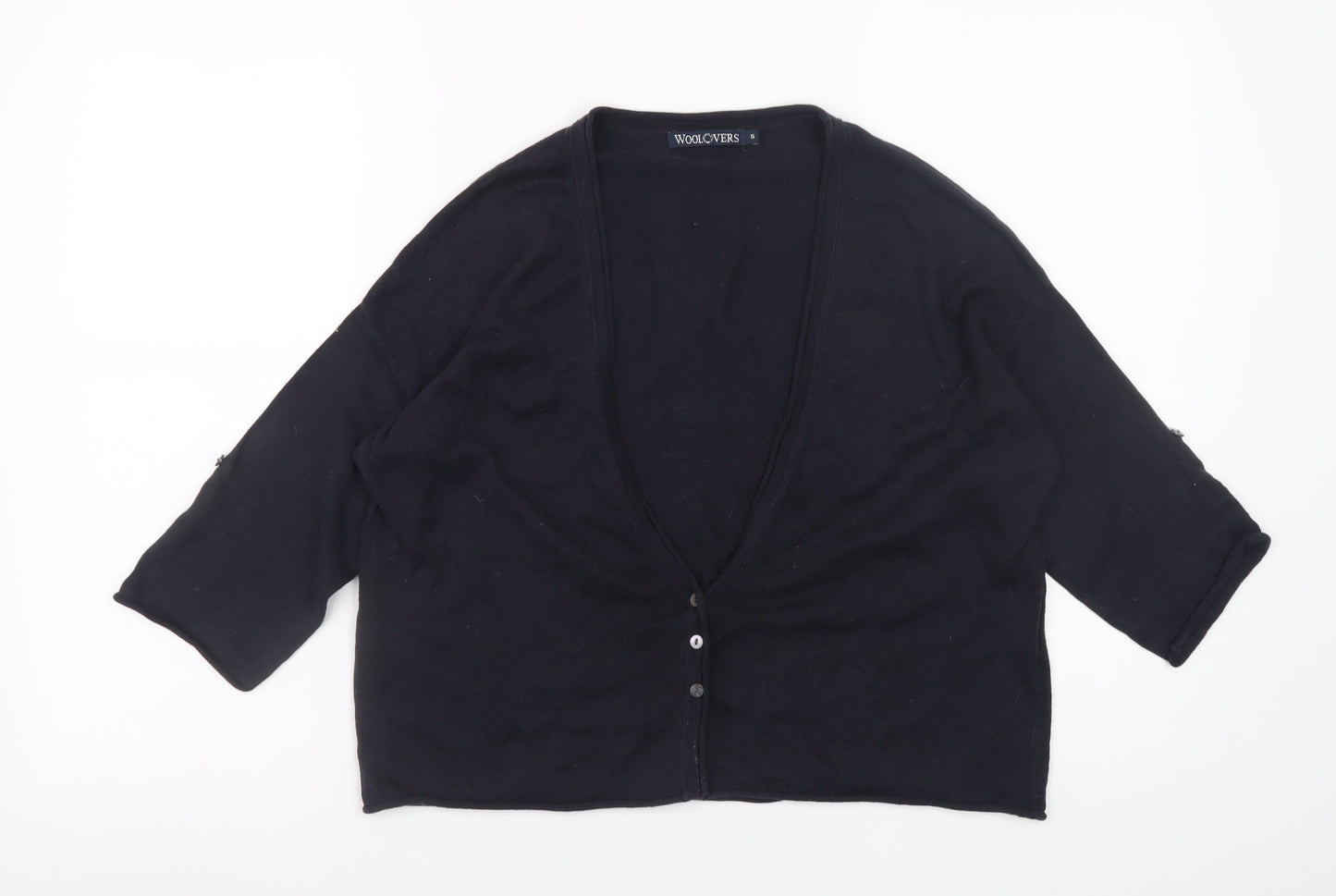 WoolOvers Women's Black Cotton Silk V-Neck 3/4 Sleeve Cardigan Size S