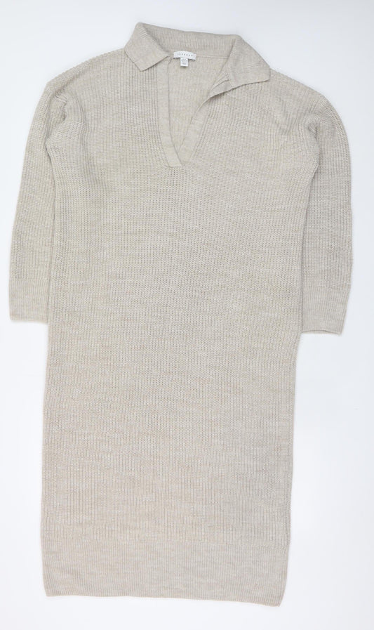 Topshop Women Beige XS Knit Collared V-Neck Shirt Dress