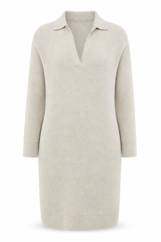Topshop Women Beige XS Knit Collared V-Neck Shirt Dress