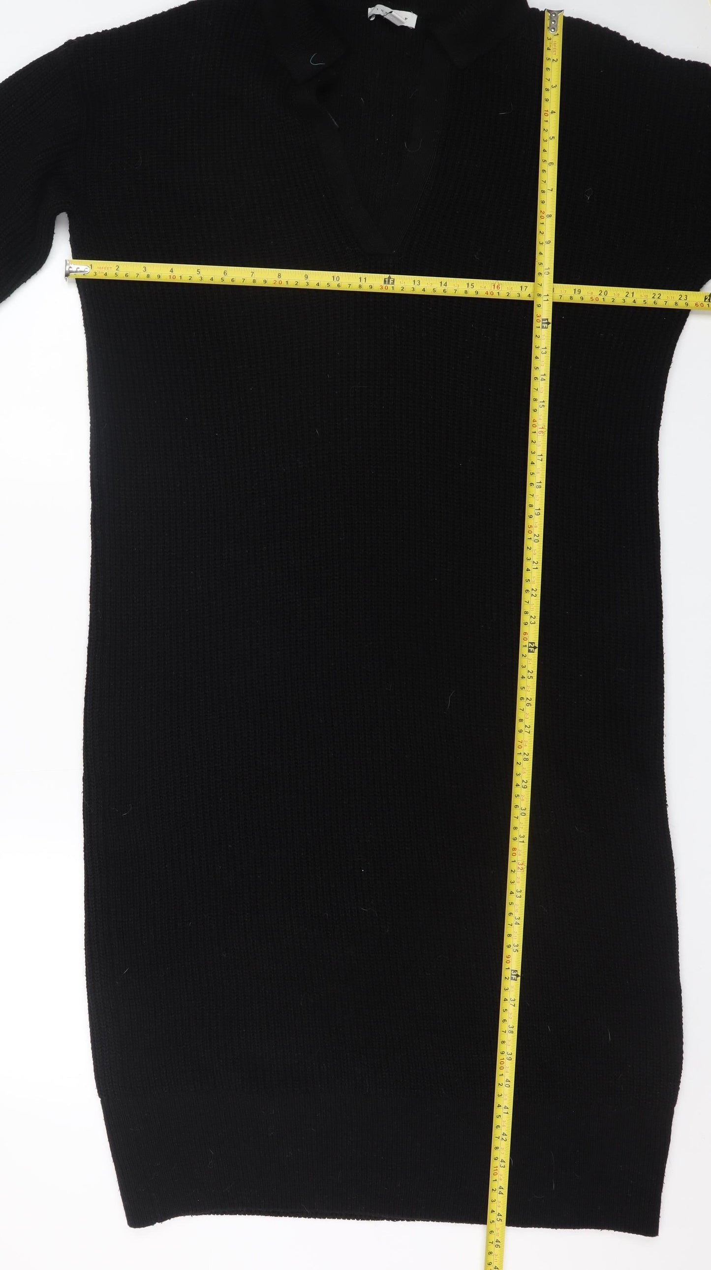 Topshop Women’s Black Knit Jumper Dress Size 8 V-Neck Collared