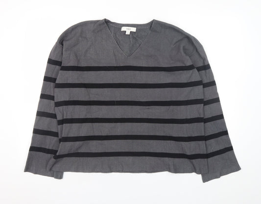 Marks and Spencer Women's Grey Striped V-Neck Pullover Jumper XL