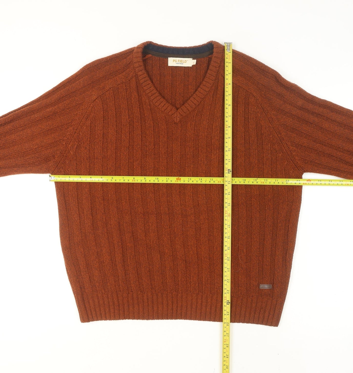 PG Field Men's Brown V-Neck Cable Knit Jumper Size L Classic Acrylic