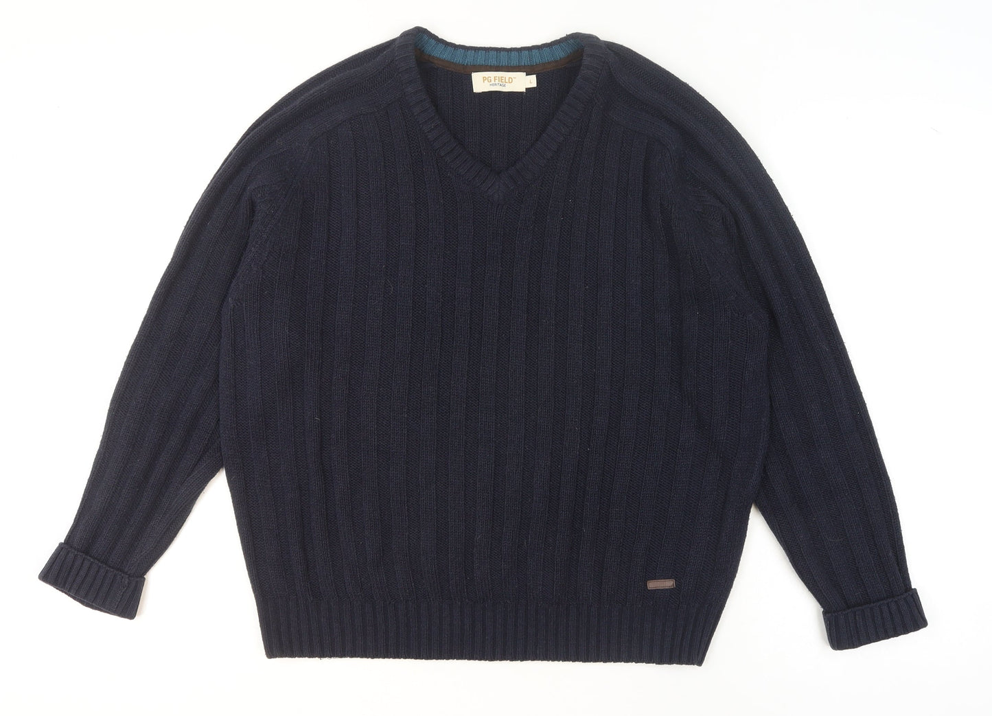 PG Field Men's Blue V-Neck Cable Knit Acrylic Jumper Size L